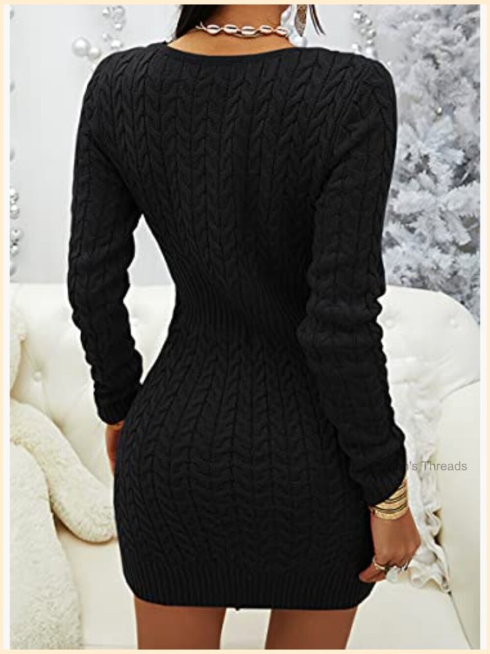 Womens Zipper V-Neck Slim Fit Cable Knit Mini Dress Long Sleeve Casual - Picture 3 of 7